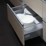 View of kitchen designed by Yellowfox. - View angle, bathroom sink, bed frame, drawer, floor, furniture, plumbing fixture, product, product design, sink, tap, toilet seat, black, gray