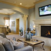 View of designs by Realm of Design. - ceiling, estate, fireplace, hearth, home, interior design, living room, real estate, room, gray, brown