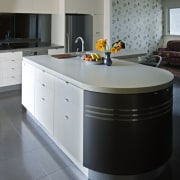 View of art deco kitchen designed by Pailine countertop, floor, flooring, furniture, interior design, kitchen, product design, table, gray, black