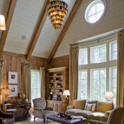 View of house designed by William T Baker beam, ceiling, daylighting, estate, hardwood, home, interior design, living room, real estate, room, window, wood, brown, gray