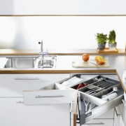 A view of a drawer system by Blum countertop, furniture, kitchen, kitchen appliance, product, product design, small appliance, tap, white