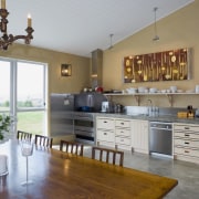 View of kitchen, doors and windows, tiling, lights, countertop, cuisine classique, floor, flooring, hardwood, interior design, kitchen, real estate, room, gray, brown