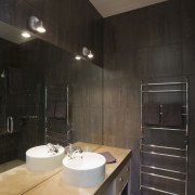 view of ensuite, vanity, lights, mirror, wall tiling, architecture, bathroom, cabinetry, ceiling, countertop, floor, home, interior design, room, sink, tile, black