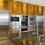 view of kitchen, cabinetry, lighting, granite countertops, chrome cabinetry, countertop, home appliance, interior design, kitchen, refrigerator, brown, gray