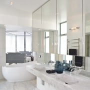 View of the master bathroom featuring marbe floors bathroom, countertop, floor, home, interior design, kitchen, real estate, room, sink, gray