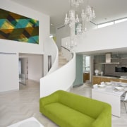 Key furniture pieces include a white-lacquered extension table architecture, ceiling, furniture, home, house, interior design, interior designer, living room, product design, table, gray