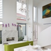 Designer Frances Wilson opted for a classic modern dining room, furniture, home, interior design, kitchen, living room, product design, room, table, white, gray