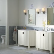 View of Kohler bathroomware. - View of Kohler bathroom, bathroom accessory, bathroom cabinet, floor, flooring, home, interior design, product, room, sink, gray