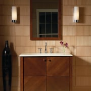 View of Kohler bathroomware. - View of Kohler bathroom, bathroom accessory, bathroom cabinet, cabinetry, countertop, floor, flooring, furniture, hardwood, interior design, product design, room, sink, tile, wood stain, brown