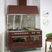 Ilve's Quadra and Nostalgie gas ovens offer expansive furniture, gas stove, home appliance, kitchen, kitchen appliance, kitchen stove, major appliance, white, red