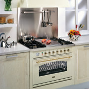 Ilve's Quadra and Nostalgie gas ovens offer expansive countertop, cuisine classique, furniture, gas stove, home appliance, kitchen, kitchen appliance, kitchen stove, major appliance, microwave oven, oven, refrigerator, small appliance, gray, white