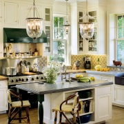 A view of the kitchen area, wooden flooring cabinetry, countertop, cuisine classique, dining room, furniture, home, interior design, kitchen, living room, room, table, orange, brown