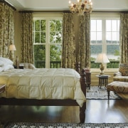 A view of the master bedroom, wooden flooring bedroom, ceiling, curtain, furniture, home, interior design, living room, room, suite, textile, wall, window, window covering, window treatment, brown