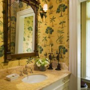 A view of the powder room, wooden vanity, bathroom, ceiling, estate, home, interior design, real estate, room, wall, window, yellow, orange, brown