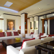 view of living area and front entrance featuring ceiling, interior design, living room, lobby, gray, brown