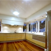 View of kitchen designed by D Stevens Ltd, apartment, cabinetry, ceiling, floor, flooring, hardwood, interior design, kitchen, property, real estate, room, brown, gray