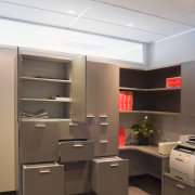 The built in cabinets feature Laminex low pressure ceiling, furniture, interior design, office, product design, brown