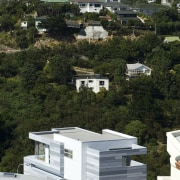 Exterior view of contemporary home from architects Richard aerial photography, architecture, bird's eye view, building, city, condominium, home, house, neighbourhood, property, real estate, residential area, roof, sky, suburb, urban area, brown