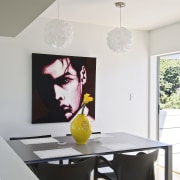 Dining area inside contemporary house - Dining area chair, dining room, furniture, home, house, interior design, light fixture, lighting accessory, living room, product design, room, table, wall, white