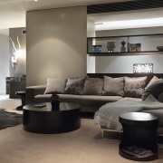 View of an apartment by interior designer Jane ceiling, floor, flooring, furniture, interior design, living room, lobby, room, table, gray