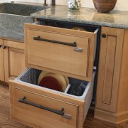 Fisher &amp; Paykel dishwasher drawers are integrated into bathroom cabinet, cabinetry, drawer, furniture, plumbing fixture, sink, wood stain, brown