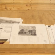 Original plans and sketches of the High Court floor, flooring, material, plywood, wood, wood stain, orange