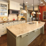 White timber kitchen  with marble benchtops - cabinetry, countertop, cuisine classique, floor, flooring, hardwood, interior design, kitchen, room, table, wood flooring, orange, brown