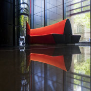 Contemporary building lobby interior - Contemporary building lobby architecture, chair, design, furniture, glass, light, red, reflection, technology, window, black