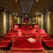 First Impressions art deco themed home theatre - ceiling, function hall, interior design, lighting, theatre, brown, red