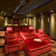 Art deco themed home theatre from First Impressions ceiling, home, interior design, lighting, lobby, room, red, brown