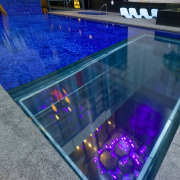 Contemporary apartment building outdoor swimming pool glass, light, lighting, swimming pool, water, blue, gray