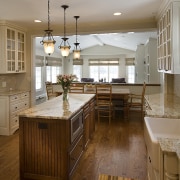 View of kitchens remodelled by Apex Kitchen and cabinetry, countertop, cuisine classique, floor, flooring, hardwood, interior design, kitchen, laminate flooring, room, wood, wood flooring, brown, gray