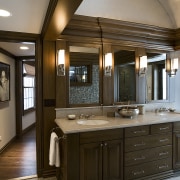 View of the master bathroom suite that features bathroom, cabinetry, countertop, cuisine classique, interior design, kitchen, room, brown, gray