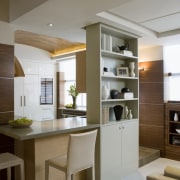 View of a kitchen designed and built by cabinetry, ceiling, countertop, cuisine classique, furniture, interior design, kitchen, room, table, gray, brown