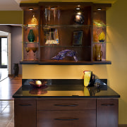 Cabinet Desk and display space with glass countertop cabinetry, countertop, furniture, interior design, kitchen, shelf, shelving, table, brown, red