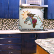 View of kitchen with horses on a glass countertop, furniture, kitchen, white, blue