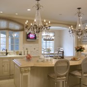 A calacutta marble tiled splashback and matching countertops cabinetry, ceiling, countertop, cuisine classique, dining room, estate, home, interior design, kitchen, room, brown