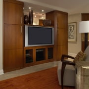 This contemporary entertainment centre was designed and made cabinetry, floor, flooring, furniture, hardwood, home, interior design, laminate flooring, living room, room, shelving, wall, wood, wood flooring, wood stain, brown