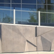 Glass reinforced panels (GRC) on exterior of commerical architecture, glass, handrail, line, wall, window, gray