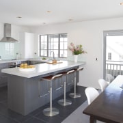 Kitchen inside contemporary town house developed by Le countertop, cuisine classique, interior design, kitchen, property, real estate, room, white