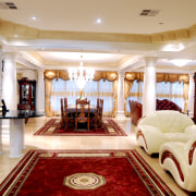 Coffered ceilings with ornamental plaster cornices in open ceiling, function hall, interior design, living room, lobby, room, white, orange