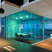 Graphics printed onto walls of the meeting rooms architecture, ceiling, glass, interior design, leisure centre, lighting, wall, teal, gray