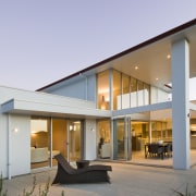 Contemporary home with entry through a raised portico architecture, elevation, estate, facade, home, house, property, real estate, residential area, villa, window, gray