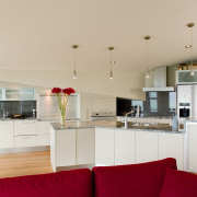 Contemporary kitchen with Elephant Plasterboard walls built by apartment, architecture, ceiling, countertop, cuisine classique, floor, home, house, interior design, kitchen, living room, property, real estate, room, gray