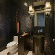 All four walls in this powder room by bathroom, interior design, plumbing fixture, public toilet, room, tile, black