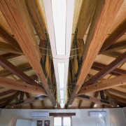 Recycled hardwood beams and timber mouldings can transform architecture, beam, ceiling, daylighting, line, lumber, roof, structure, symmetry, wood, brown