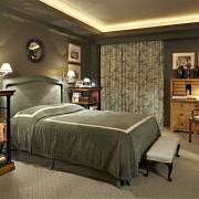 The bedroom design was driven by the owners bed frame, bedroom, ceiling, furniture, home, interior design, room, brown