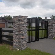 Gate with stutex stone posts - Gate with estate, facade, fence, gate, home fencing, land lot, outdoor structure, property, real estate, stone wall, white