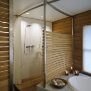 View of bathroom featuring custom teak and embonized architecture, bathroom, ceiling, interior design, plumbing fixture, room, window, wood, brown, gray