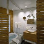 View of bathroom featuring custom teak and embonized architecture, bathroom, ceiling, daylighting, home, house, interior design, plumbing fixture, room, suite, wood, gray, brown